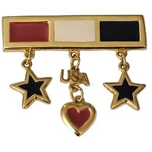 LIA Gold Tone Red White Enamel Star Heart Charm Dangle Bar Pin, Signed